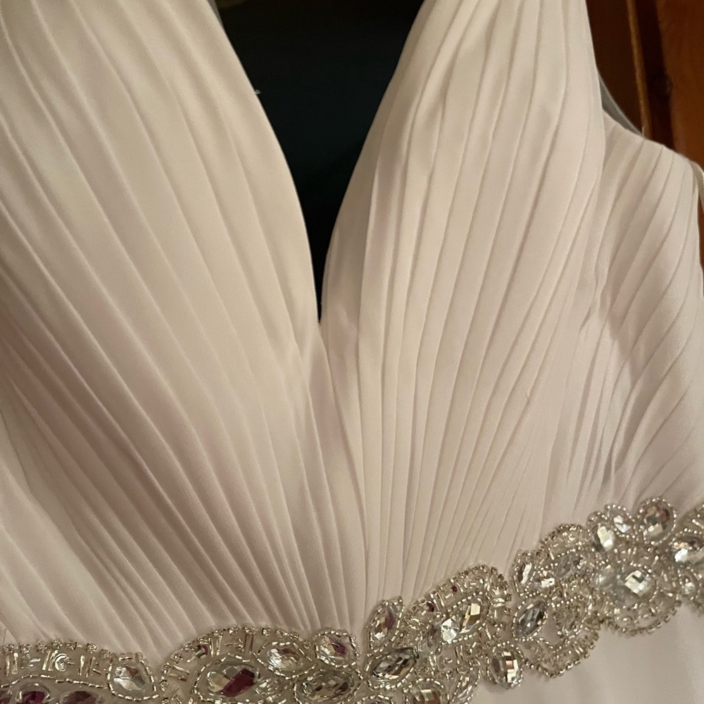 Brand new wedding dress never worn or altered.  Size 14, stored in zippered bag.